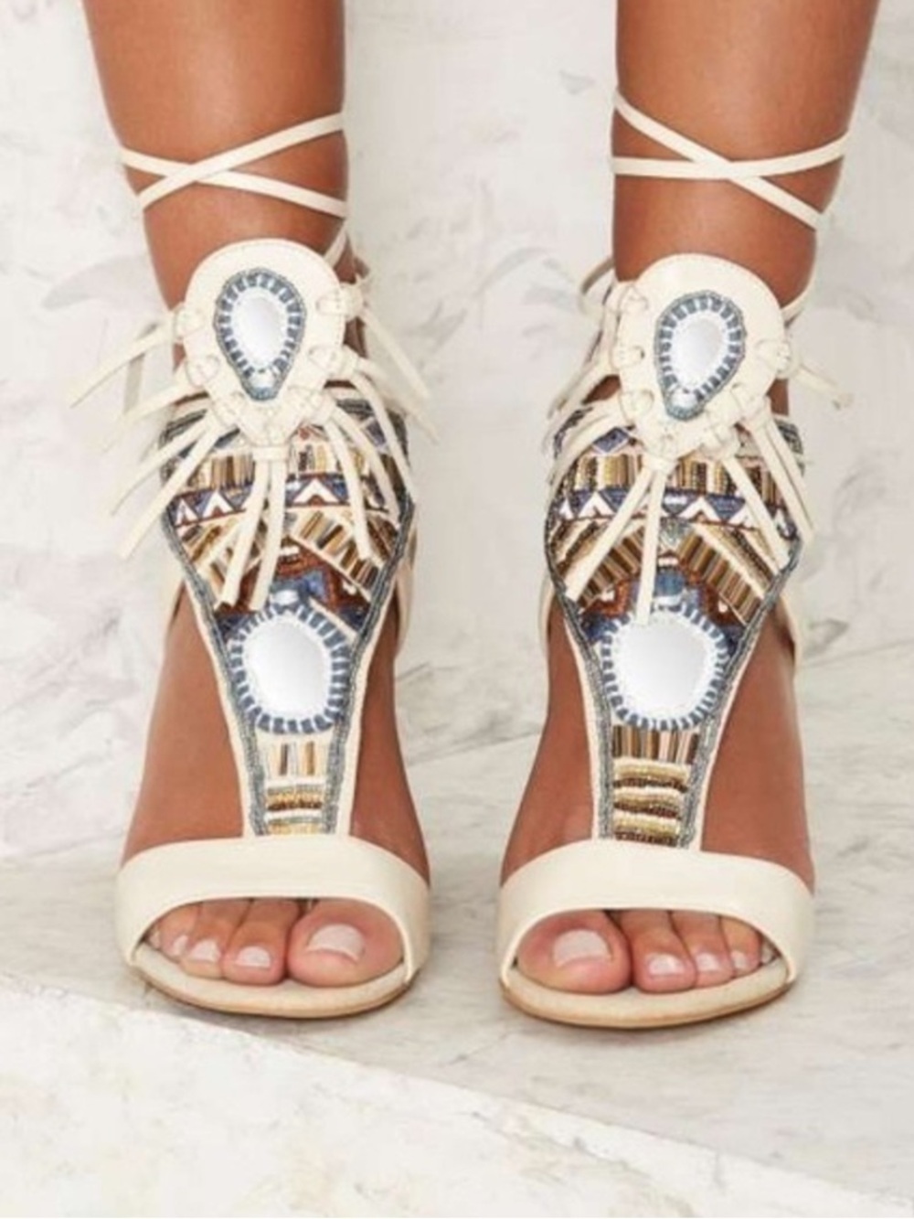 Sam Edelman Yvette Beaded & Fringe Lace Up Sandal